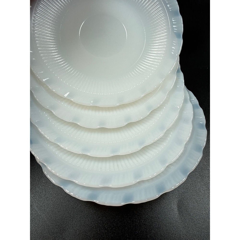 VTG Macbeth Evans Oxford Milk Glass Saucers Set of 5 Scalloped 6" Ring of Fire - Picture 3 of 4